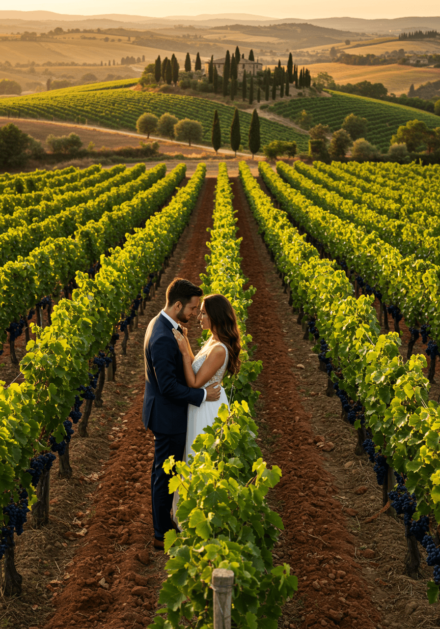 Intimate moment between newlyweds walking through vineyard at sunset