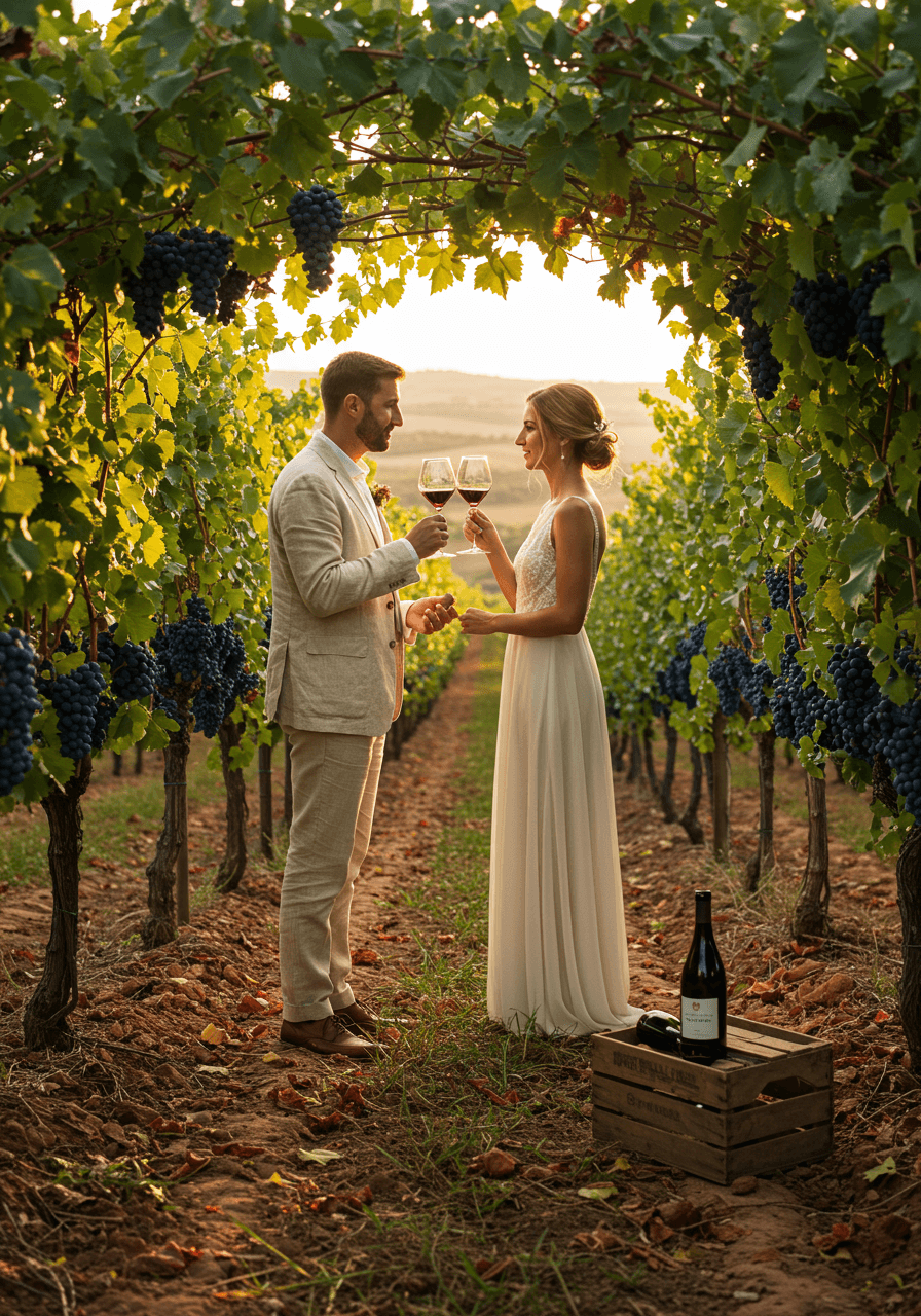 Wedding toast with wine glasses raised in vineyard setting at golden hour