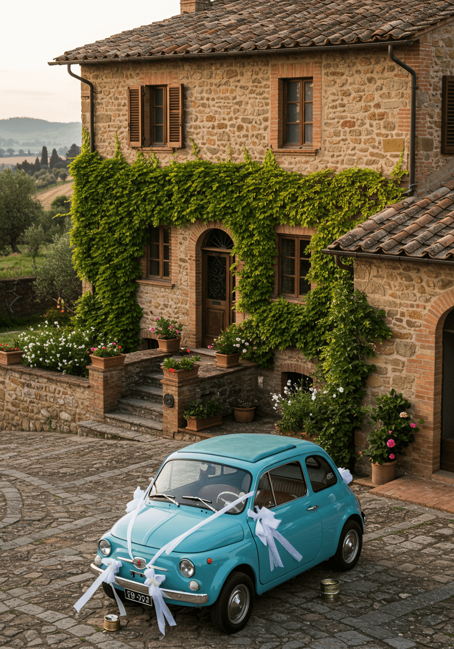 Wide shot of vintage wedding car on scenic Tuscan country road