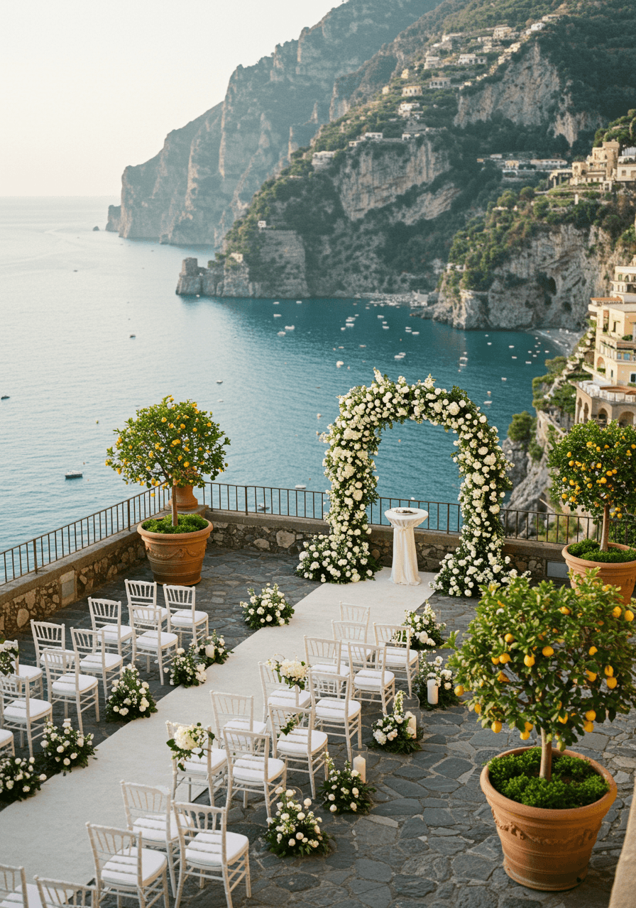 Elegant seaside wedding ceremony setup on stone terrace overlooking turquoise Amalfi Coast waters