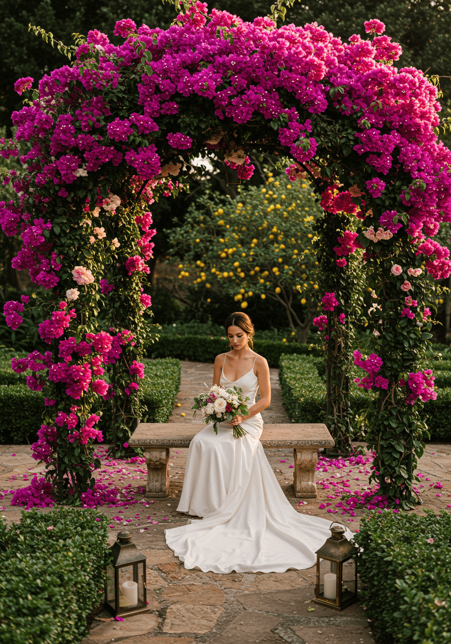 Bride in flowing ivory silk dress standing beneath elaborate bougainvillea archway during golden hour in romantic garden setting