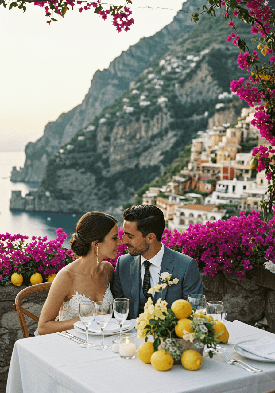 Bride and groom sharing intimate moment at alfresco dining table overlooking dramatic Amalfi Coast cliffs
