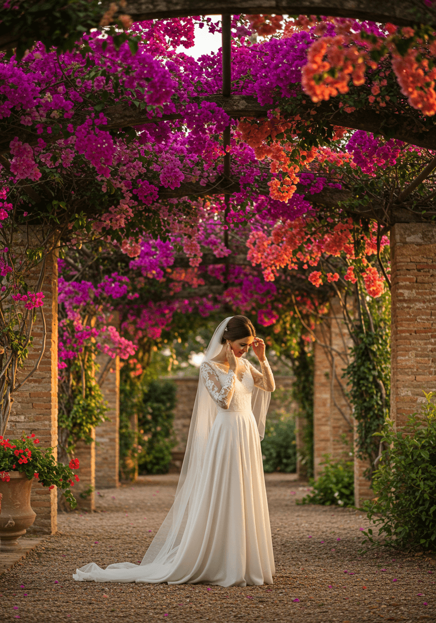 Bride in ivory silk dress with lace sleeves standing beneath bougainvillea pergola during sunset ceremony