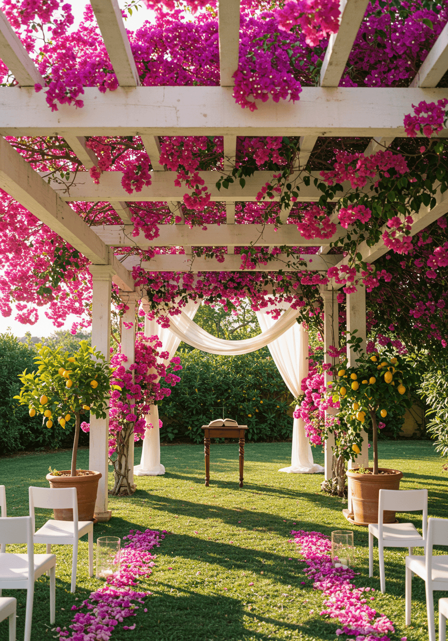 Romantic outdoor wedding ceremony with stunning bougainvillea-covered pergola as altar backdrop in Italian garden