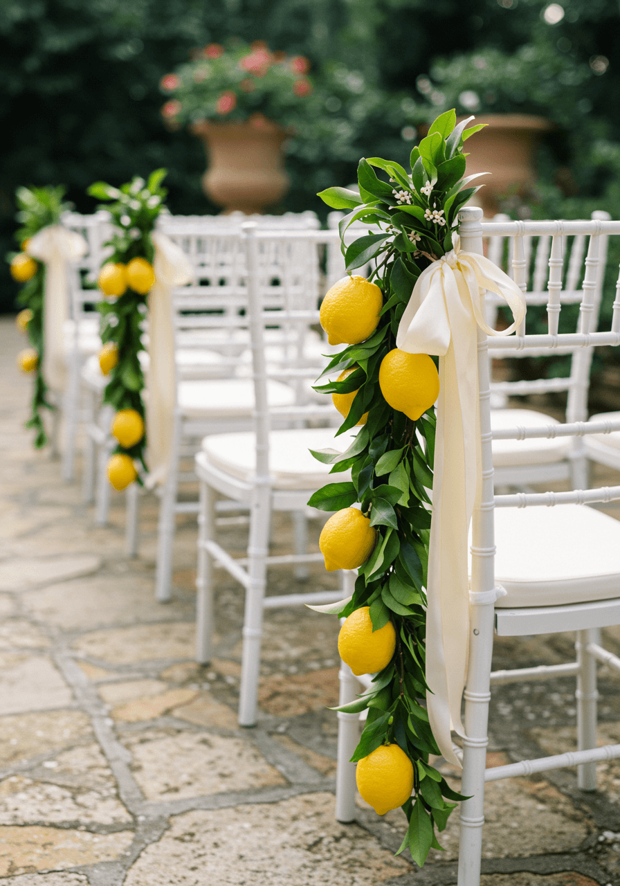 Close-up of white ceremony chairs decorated with cascading lemon branch garlands and cream silk ribbons