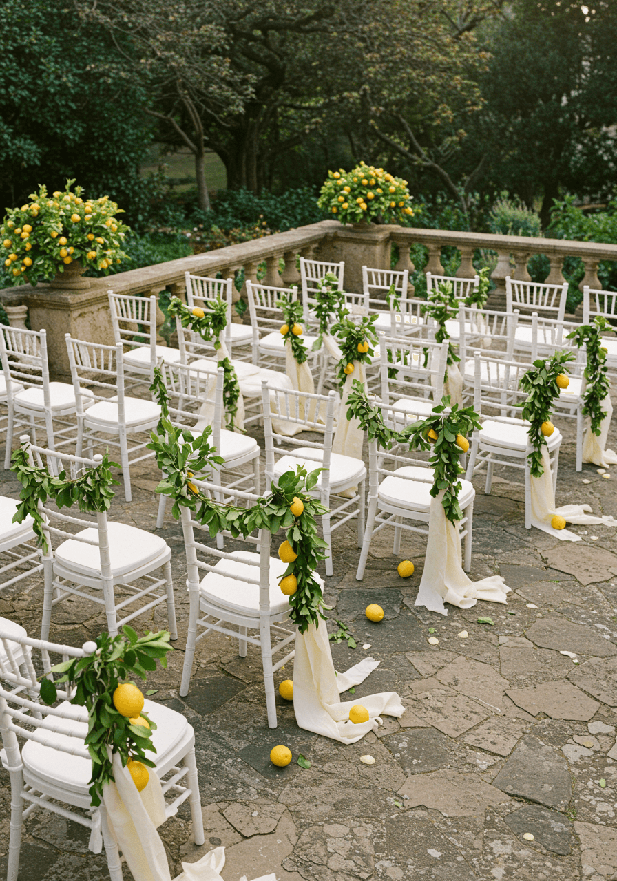 Aerial view of ceremony seating arrangement with lemon garland decorations on stone pathway