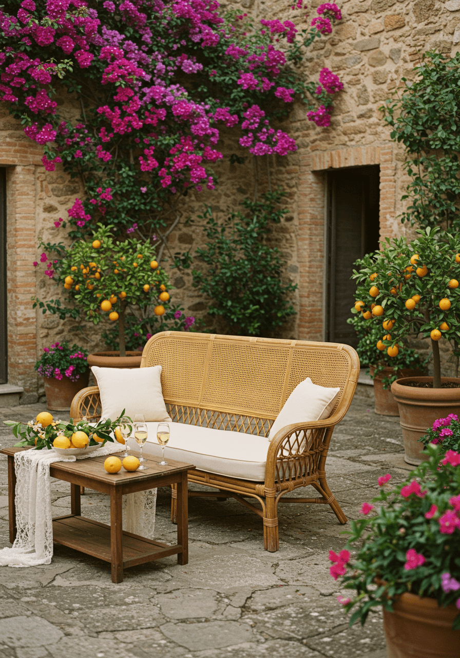 Wide view of charming courtyard seating area with climbing vines and scattered bougainvillea petals