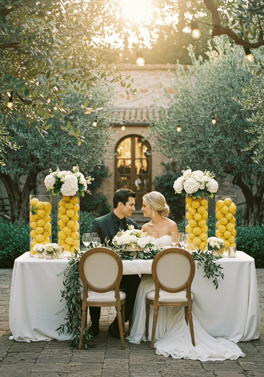 Bride and groom sharing intimate moment at elegant outdoor sweetheart table with cascading lemon centerpieces in golden hour sunlight