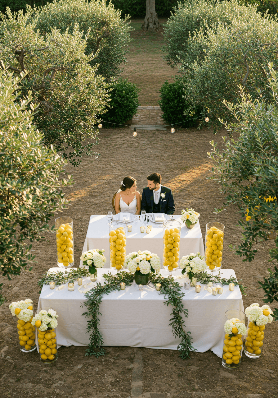 Overhead view of luxurious Mediterranean wedding tablescape featuring fresh lemon arrangements and white linens on rustic wooden table