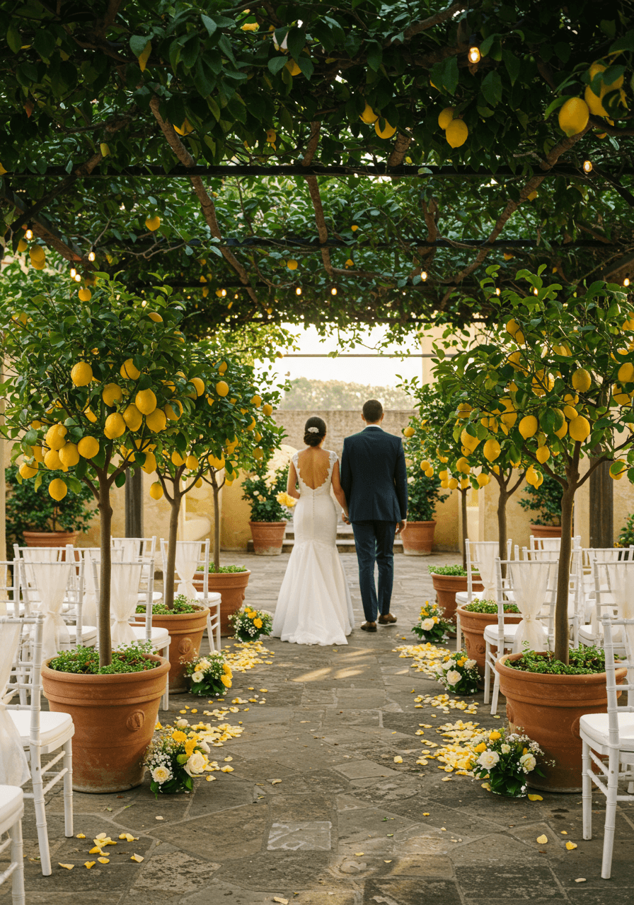 Bride and groom walking down romantic outdoor aisle lined with potted lemon trees in Italian garden courtyard
