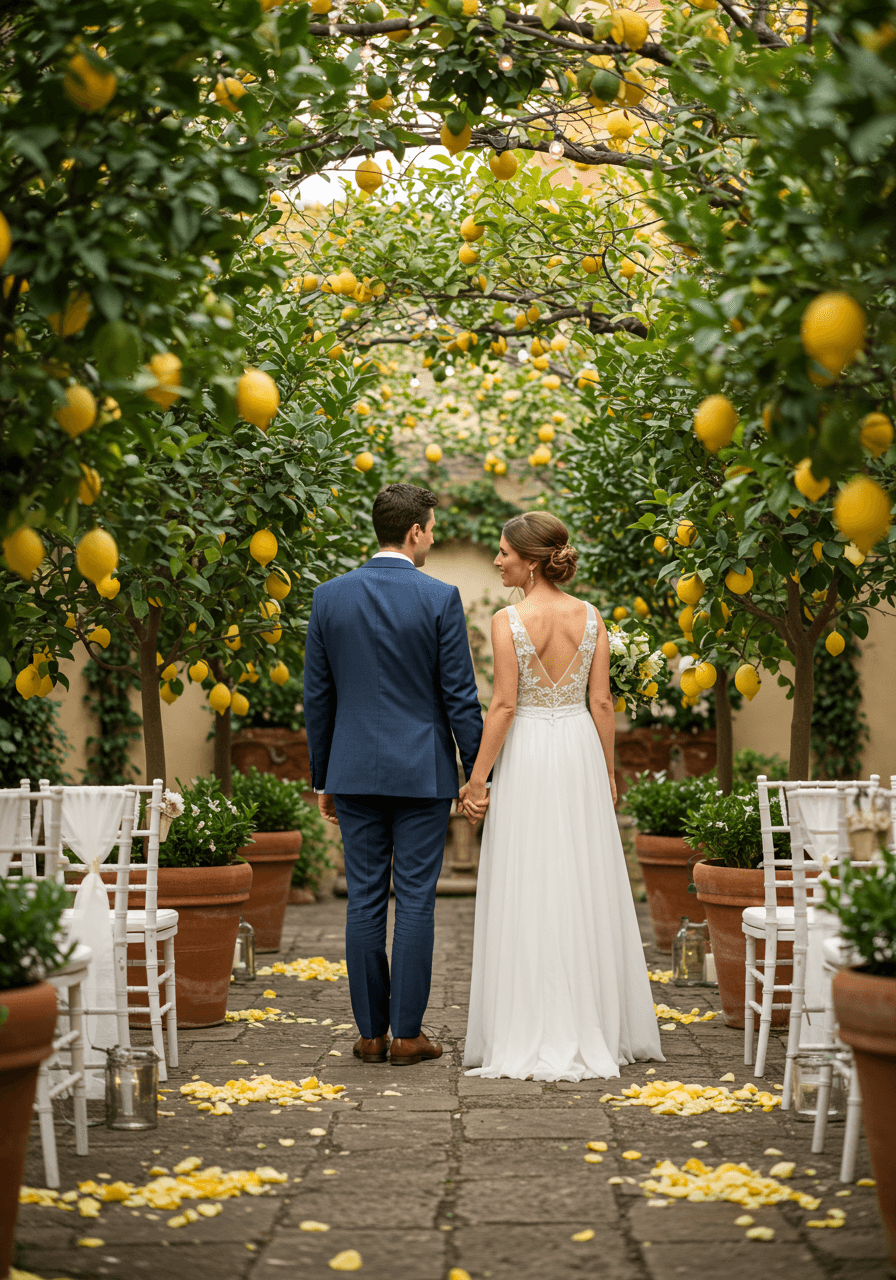 Intimate view of couple holding hands walking through lemon tree-lined ceremony pathway