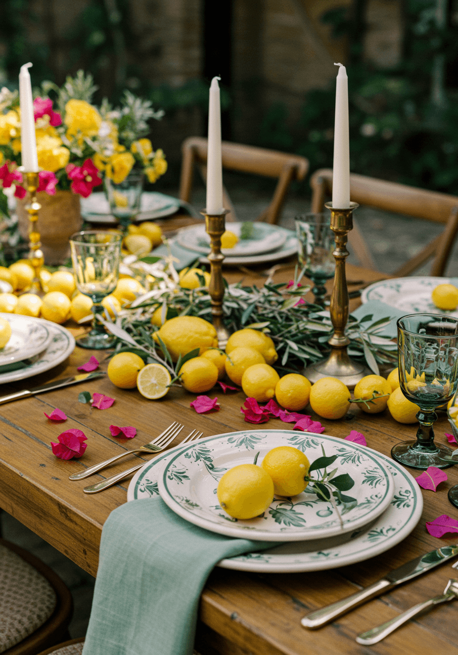 Ground level detail of rustic ceramic dishware and brass candlesticks on weathered stone flooring