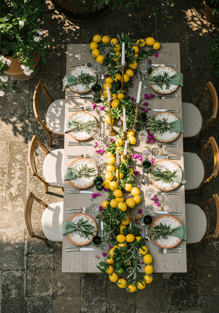 Overhead view of Italian garden party table with fresh lemon garlands and hand-painted ceramics in Tuscan courtyard