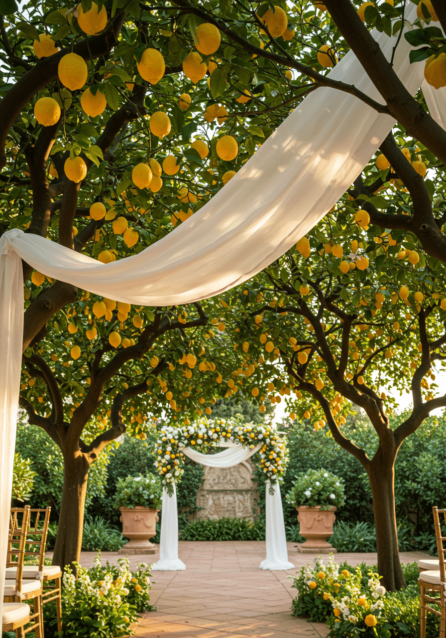 Close-up view of lemon tree branches heavy with citrus fruit creating natural ceremony backdrop with white fabric accents