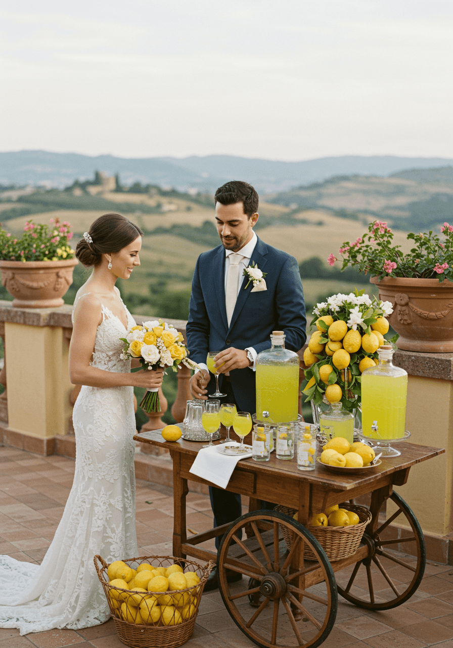 Close-up detail of limoncello bottles and fresh lemon display on rustic wooden bar cart