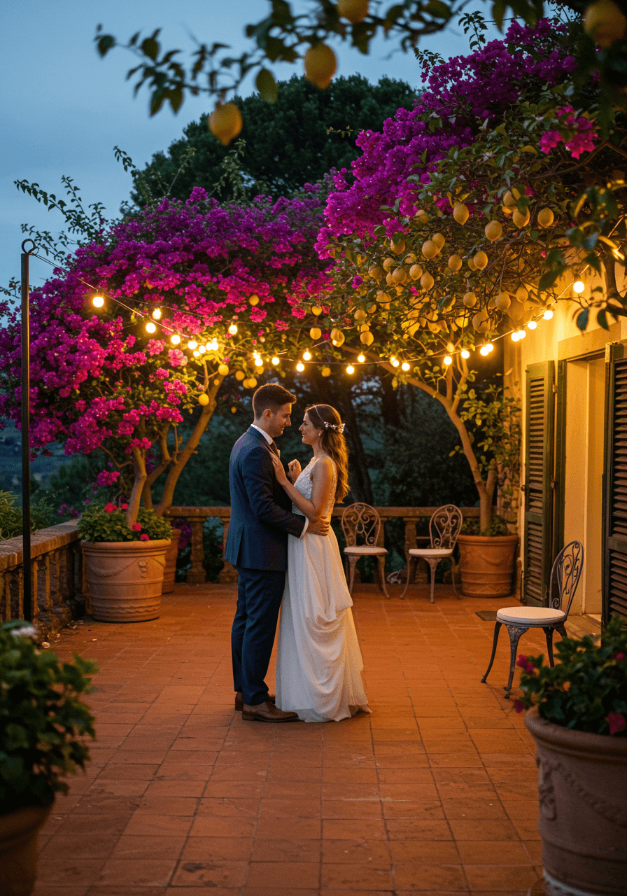 Bride and groom sharing intimate dance on terracotta patio surrounded by lemon trees under string lights at twilight