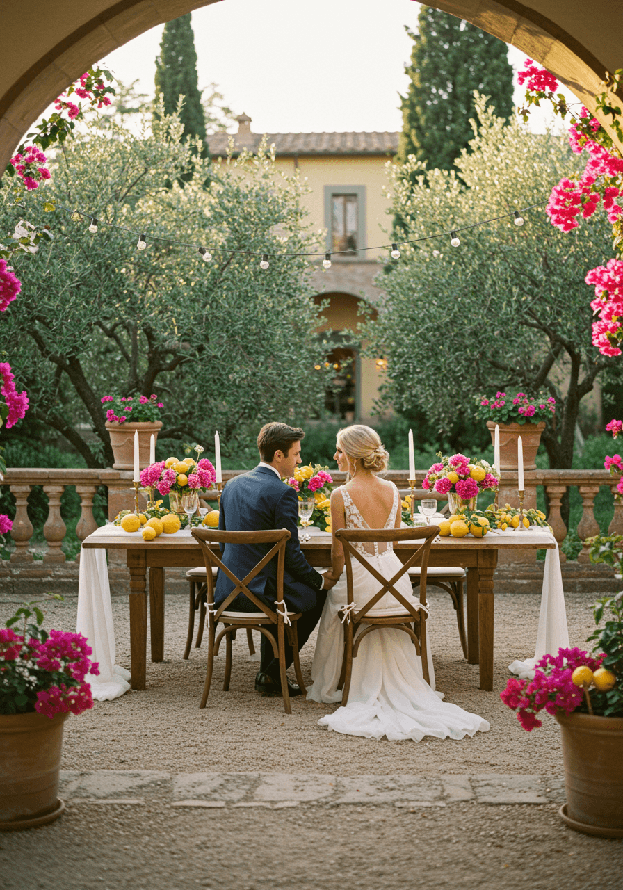 Bride and groom dining at elegant wooden table with lemon centerpieces and bougainvillea in Italian villa courtyard