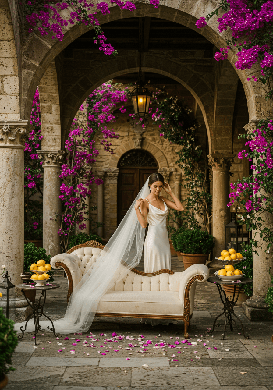 Wide view of elegant bride standing in romantic Italian courtyard with climbing bougainvillea on ancient stone columns