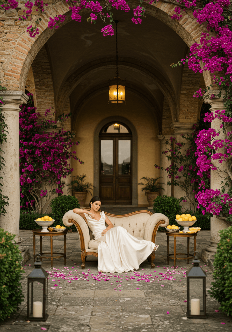 Bride reclining on ivory velvet chaise beneath stone arches draped with magenta bougainvillea in villa courtyard