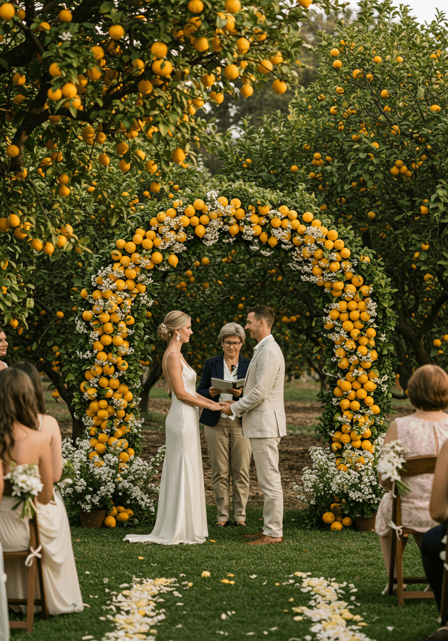 Bride and groom exchanging vows beneath elaborate archway of interwoven lemon branches with bright citrus fruit in grove