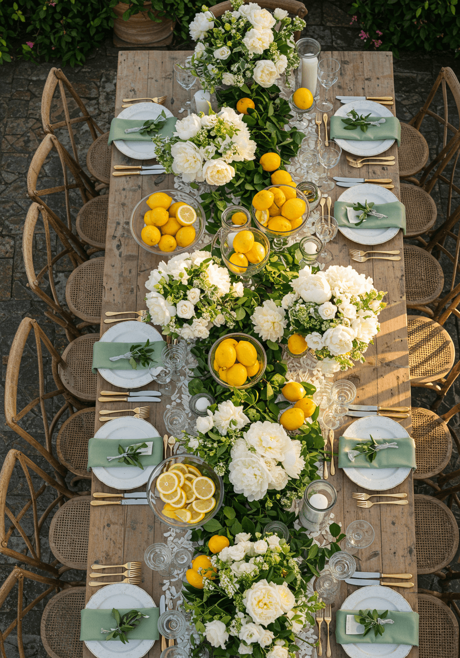Luxurious Italian villa wedding tablescape with multiple lemon centerpieces and white florals on long farmhouse table from above