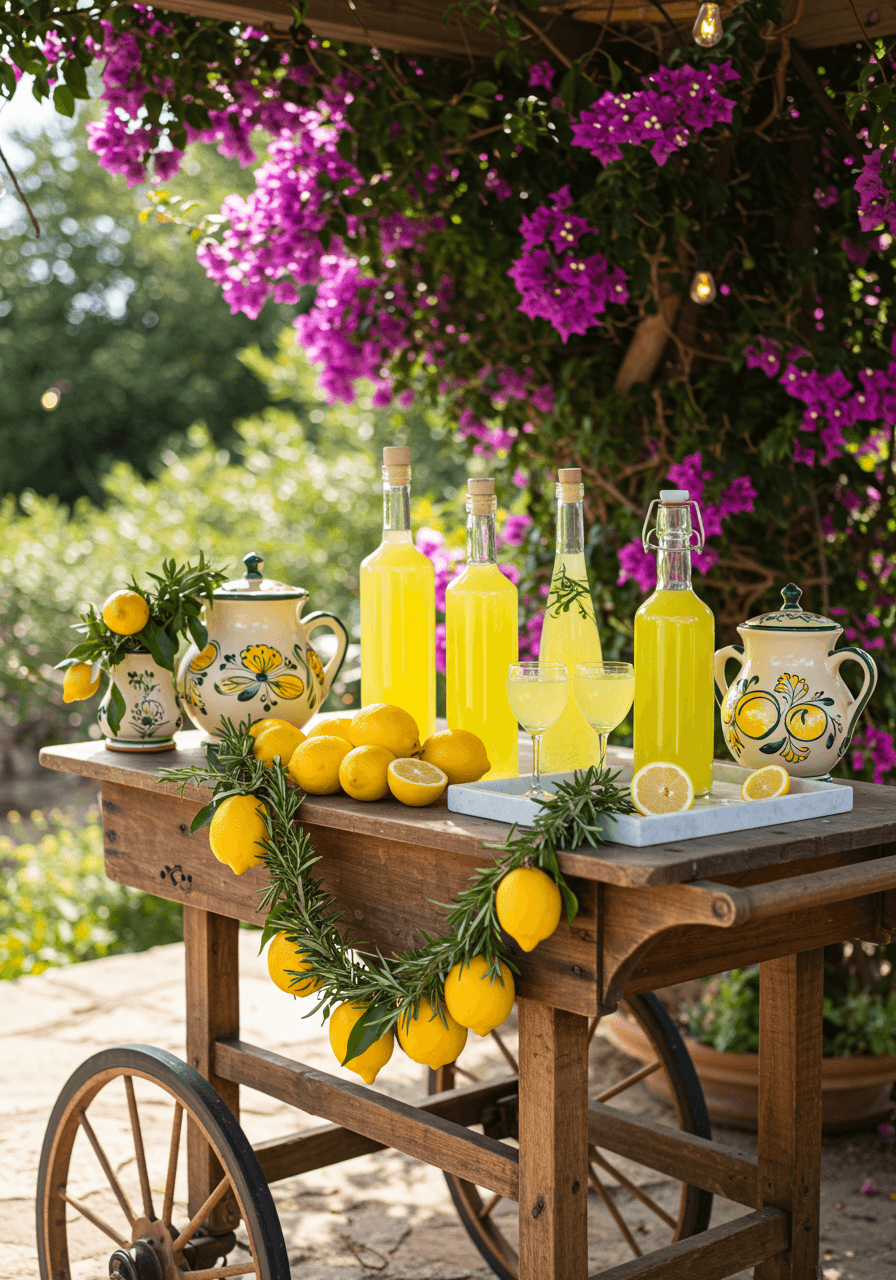 Rustic wooden limoncello bar cart with lemon garlands under bougainvillea-draped pergola in morning light