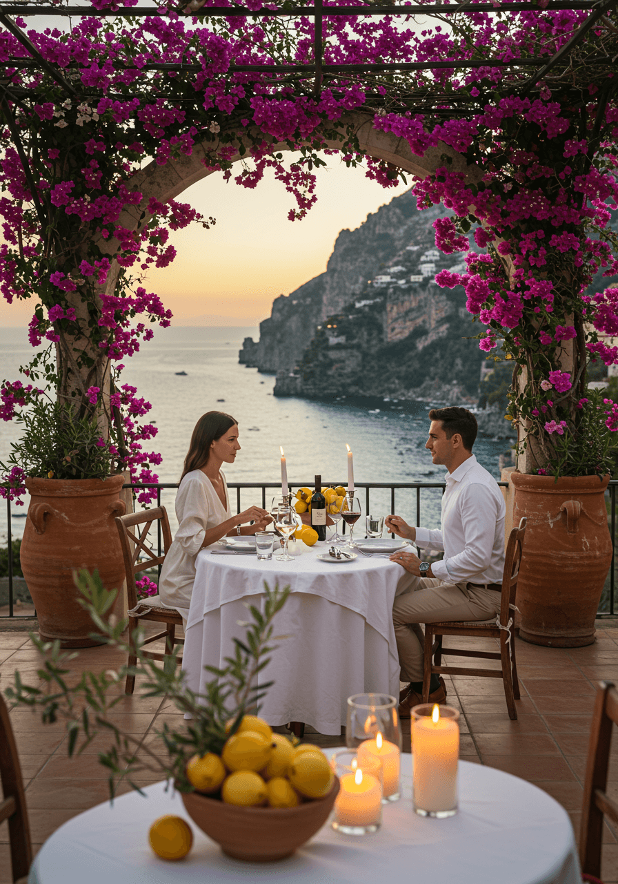 Elegant couple sharing intimate dinner at terrace table overlooking Mediterranean coast during golden hour sunset