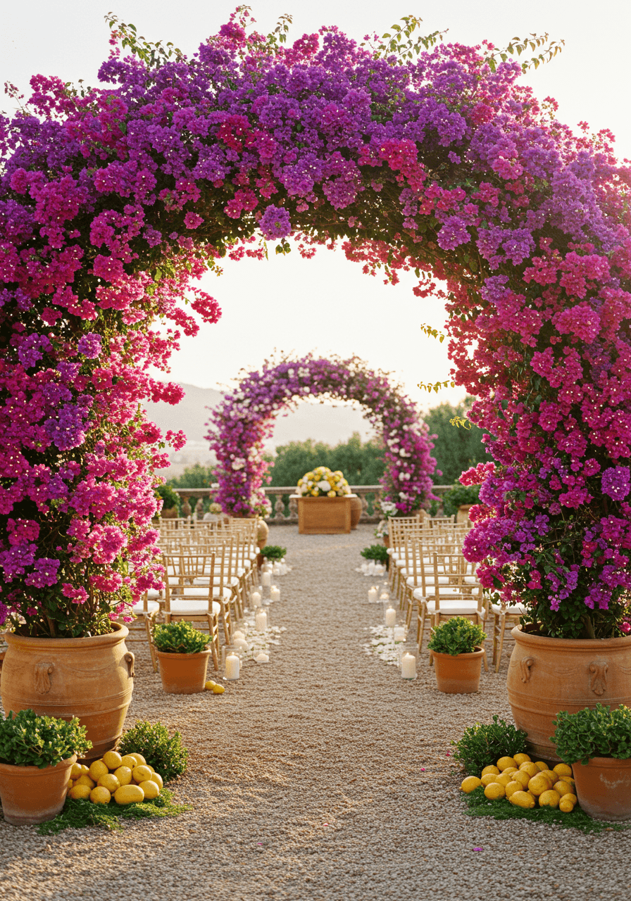 Dramatic bougainvillea wedding ceremony archway with vibrant magenta blooms in sun-drenched Italian villa courtyard