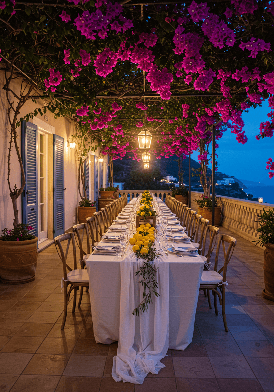 Wide view of pergola dining setup with cascading pink bougainvillea and candlelit reception table