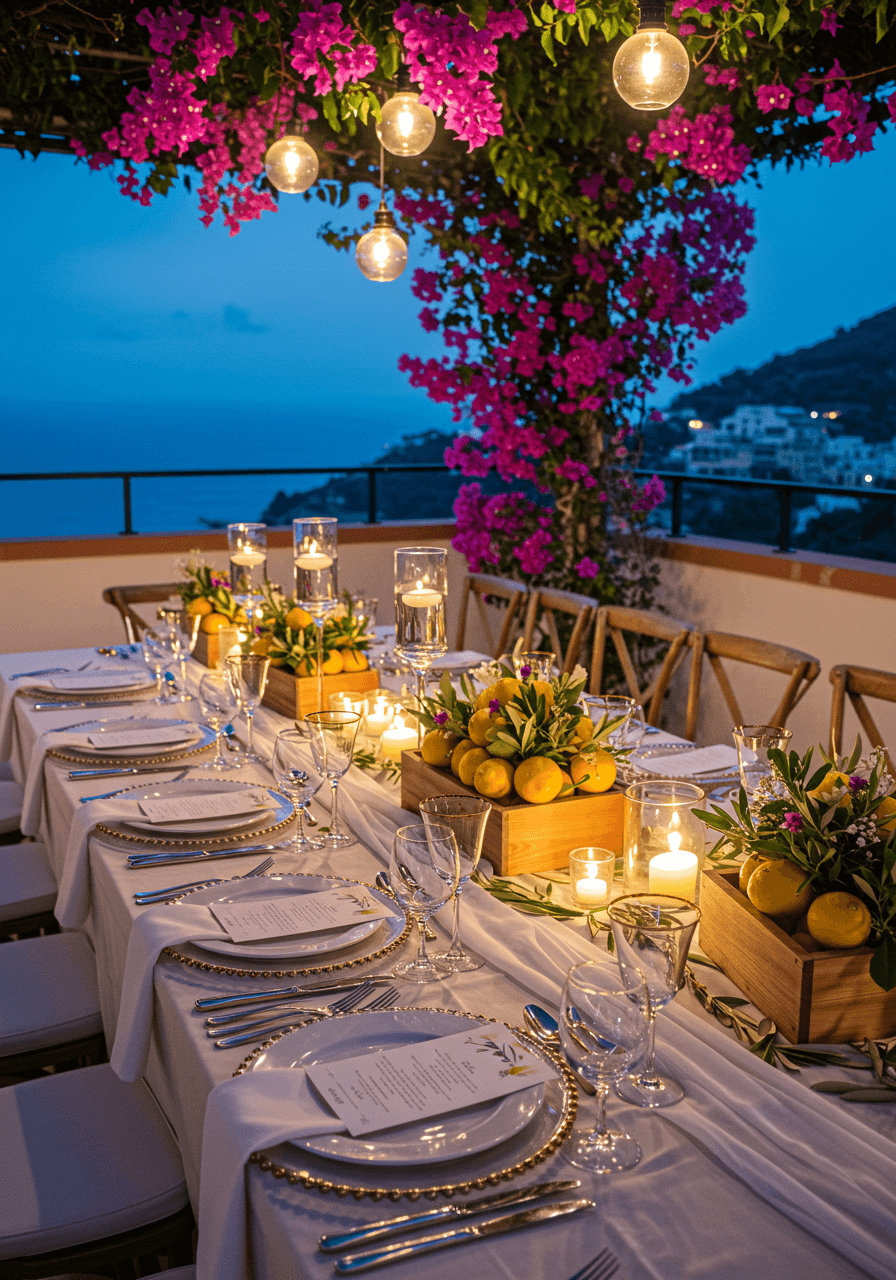 Lavishly decorated terrace dining table with trailing bougainvillea overhead during enchanting blue hour evening