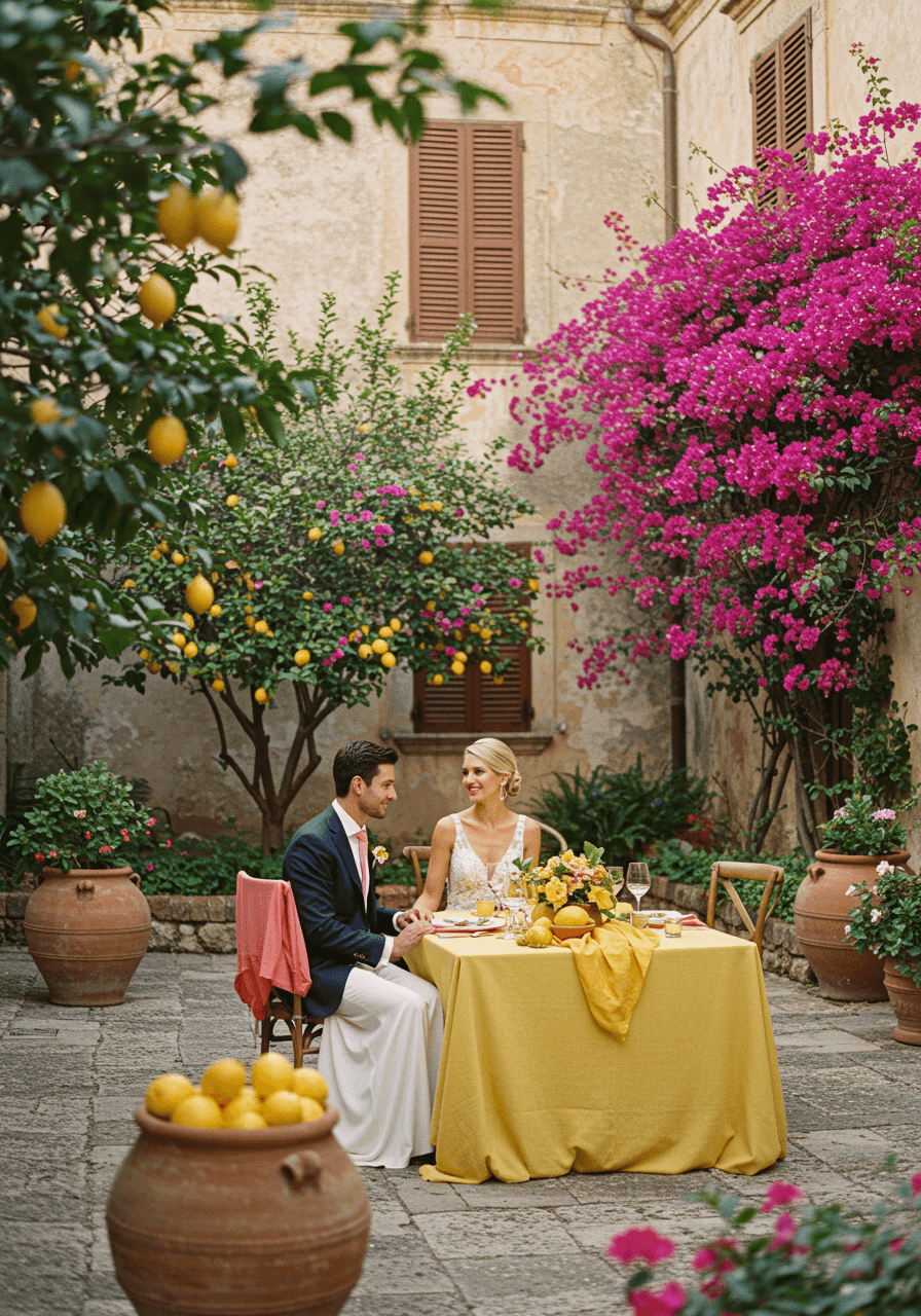 Bride and groom at alfresco dining table with vibrant yellow and coral linens surrounded by bougainvillea in Sicilian courtyard