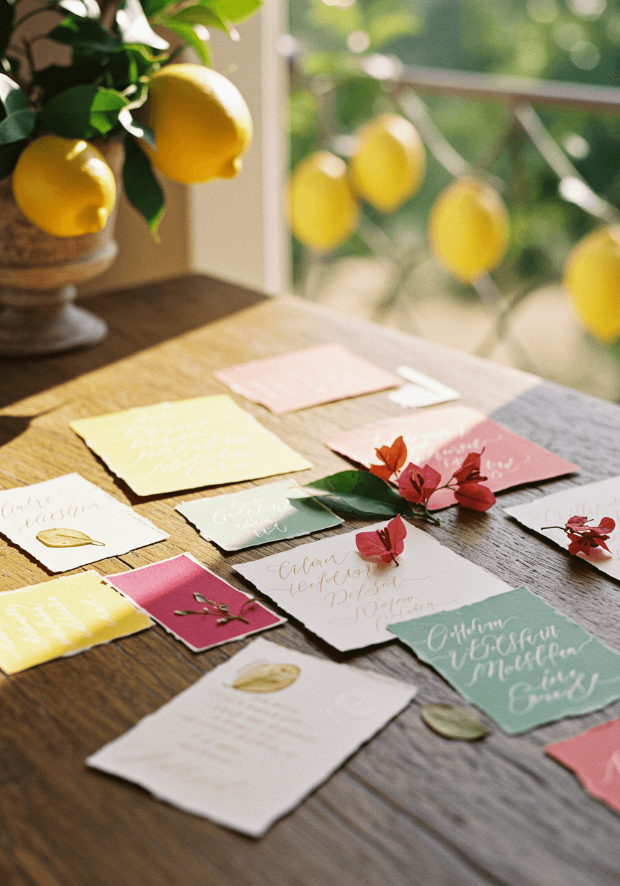 Wedding stationery colour palette with Sicilian-inspired swatches and pressed lemon leaves on rustic wooden table