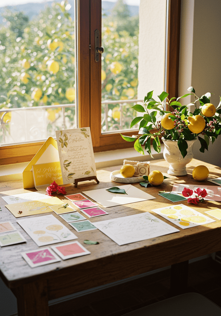 Wide view of wedding planning workspace by window overlooking lemon groves with colour samples and calligraphy