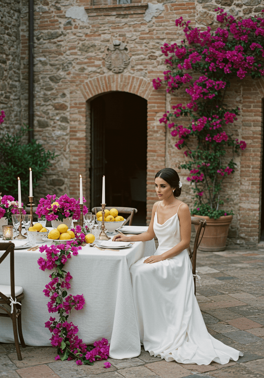 Bride in flowing gown at elegantly set alfresco table during blue hour with candlelight and lemon centerpieces