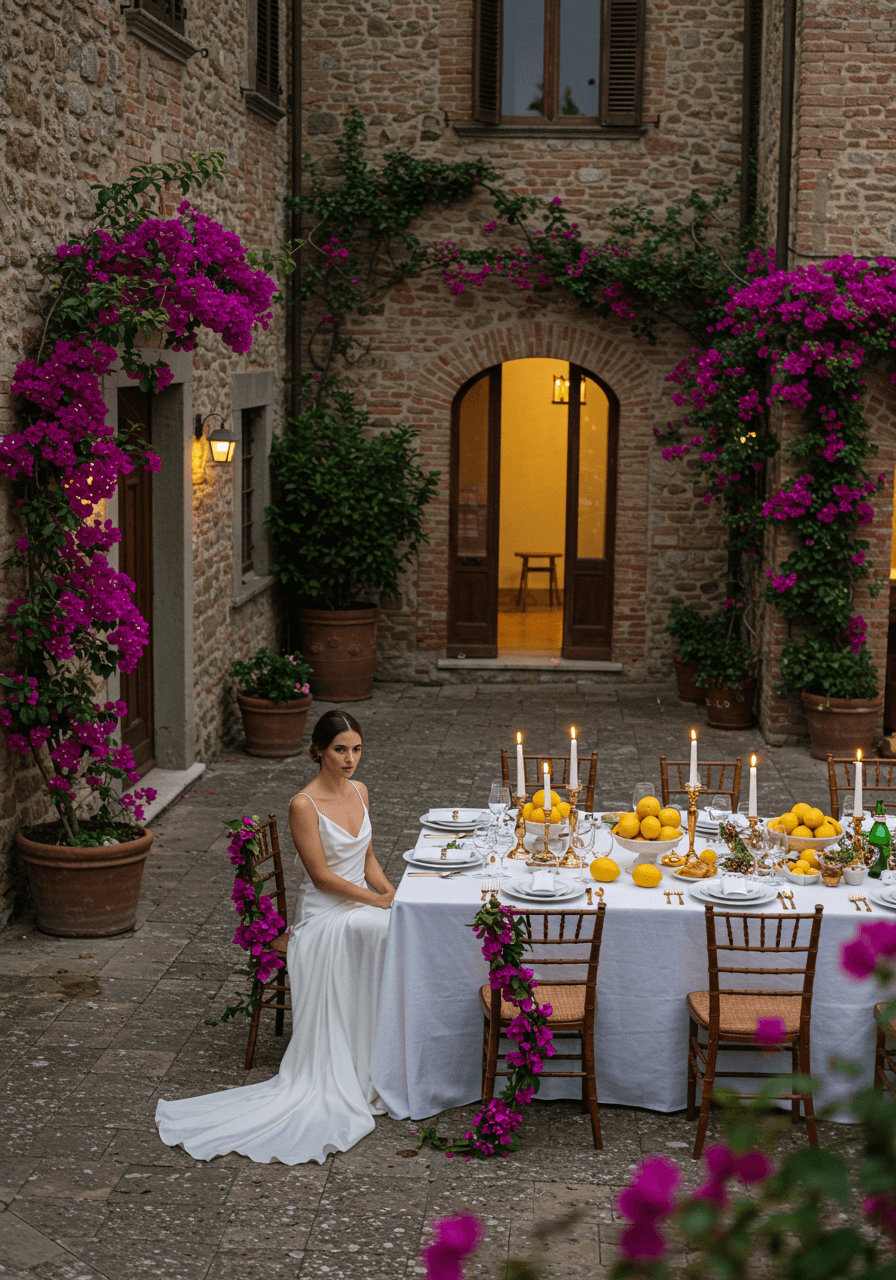 Wide view of Tuscan courtyard evening dining setup with ambient candlelight and bougainvillea accents