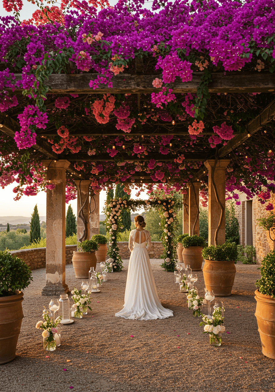 Wide shot of bride under stone pergola canopy with abundant fuchsia bougainvillea blooms