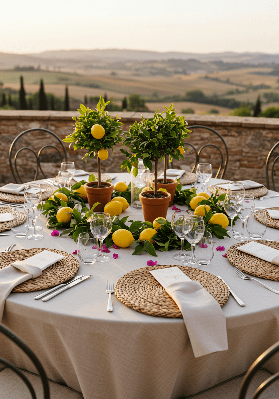 Low angle detail shot of elegant round table setting with potted lemon trees and Italian ceramics