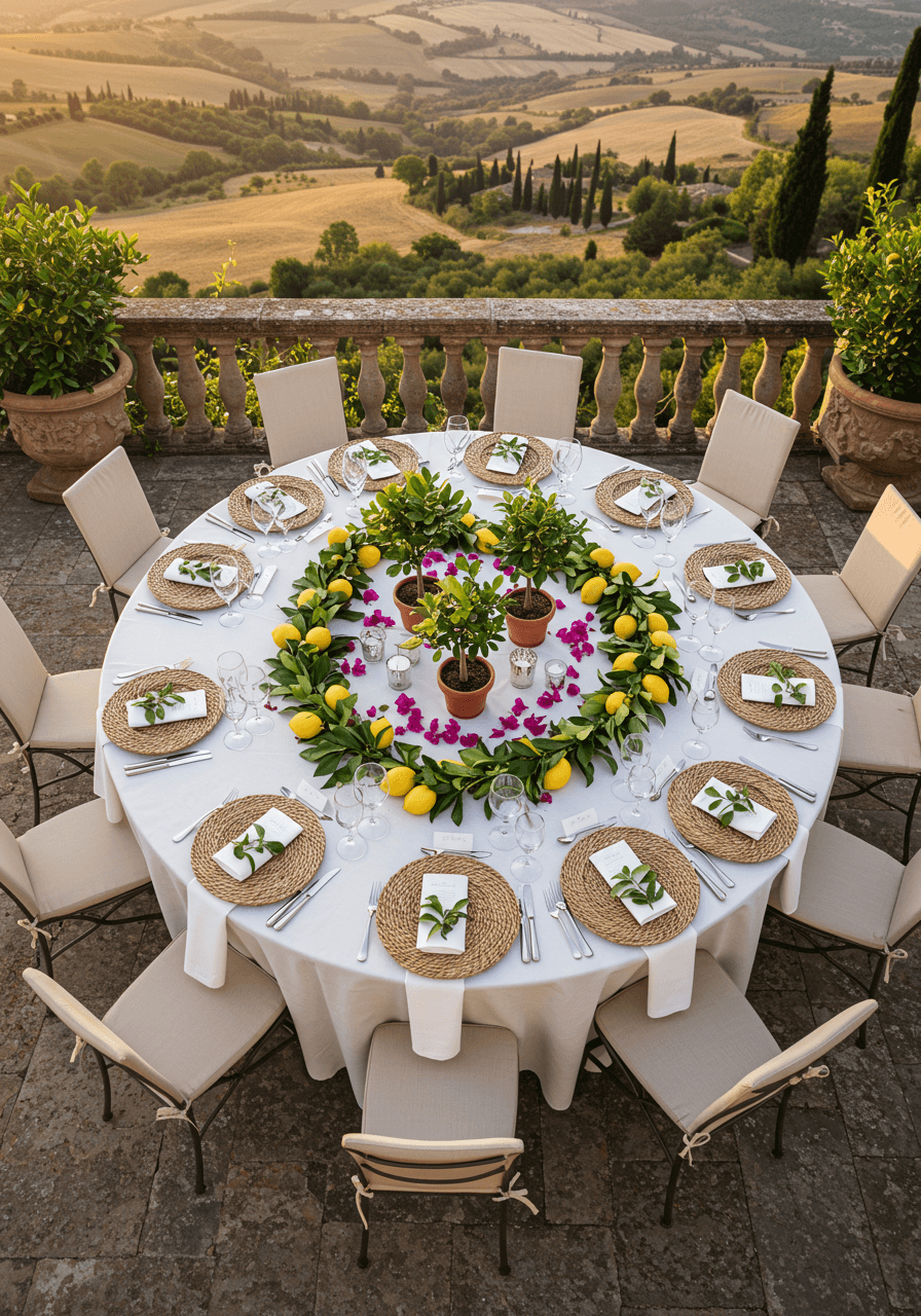 Overhead view of circular reception table with woven rattan chargers and scattered bougainvillea petals on stone terrace