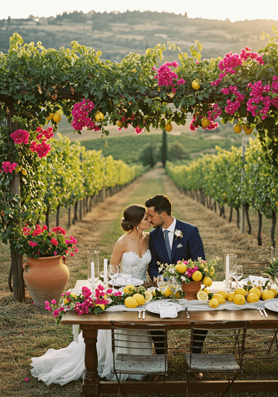 Bride and groom sharing intimate moment at wooden farm table in sun-dappled Tuscan vineyard during golden hour