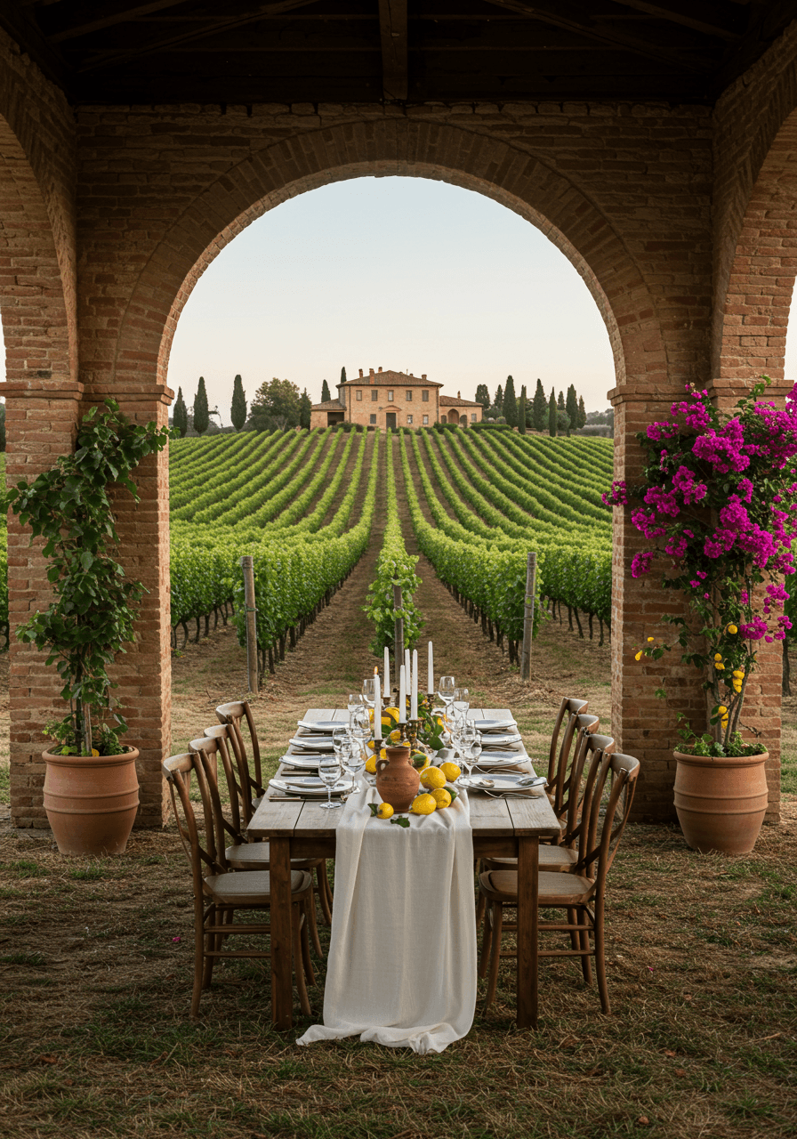 Rustic wooden reception table set between grapevine rows with stone archways and old Tuscan villa in distance