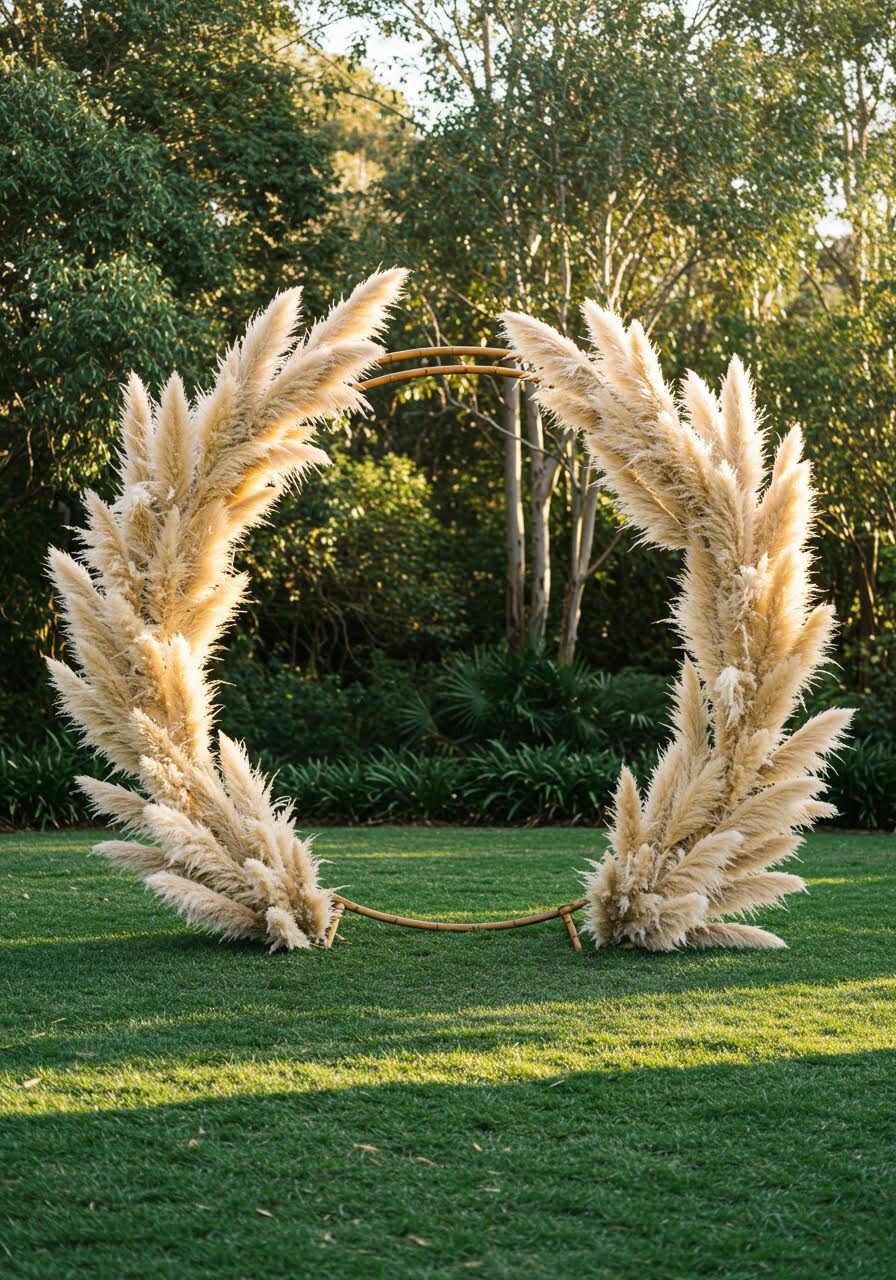 Stunning bamboo and pampas grass wedding arch photographed in garden during magical golden hour