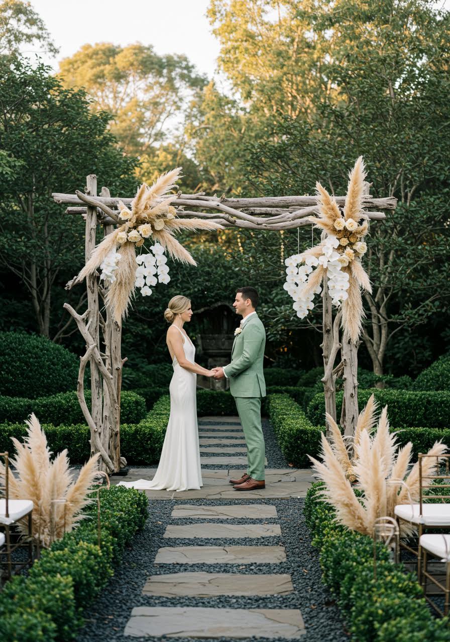 Bride in elegant minimalist crepe wedding gown standing beneath stunning natural driftwood ceremony arch