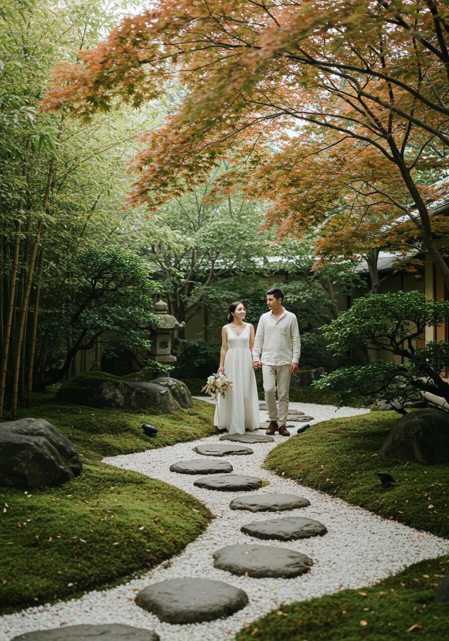 Wedding couple sharing authentic intimate moment in tranquil Japanese garden photography setting