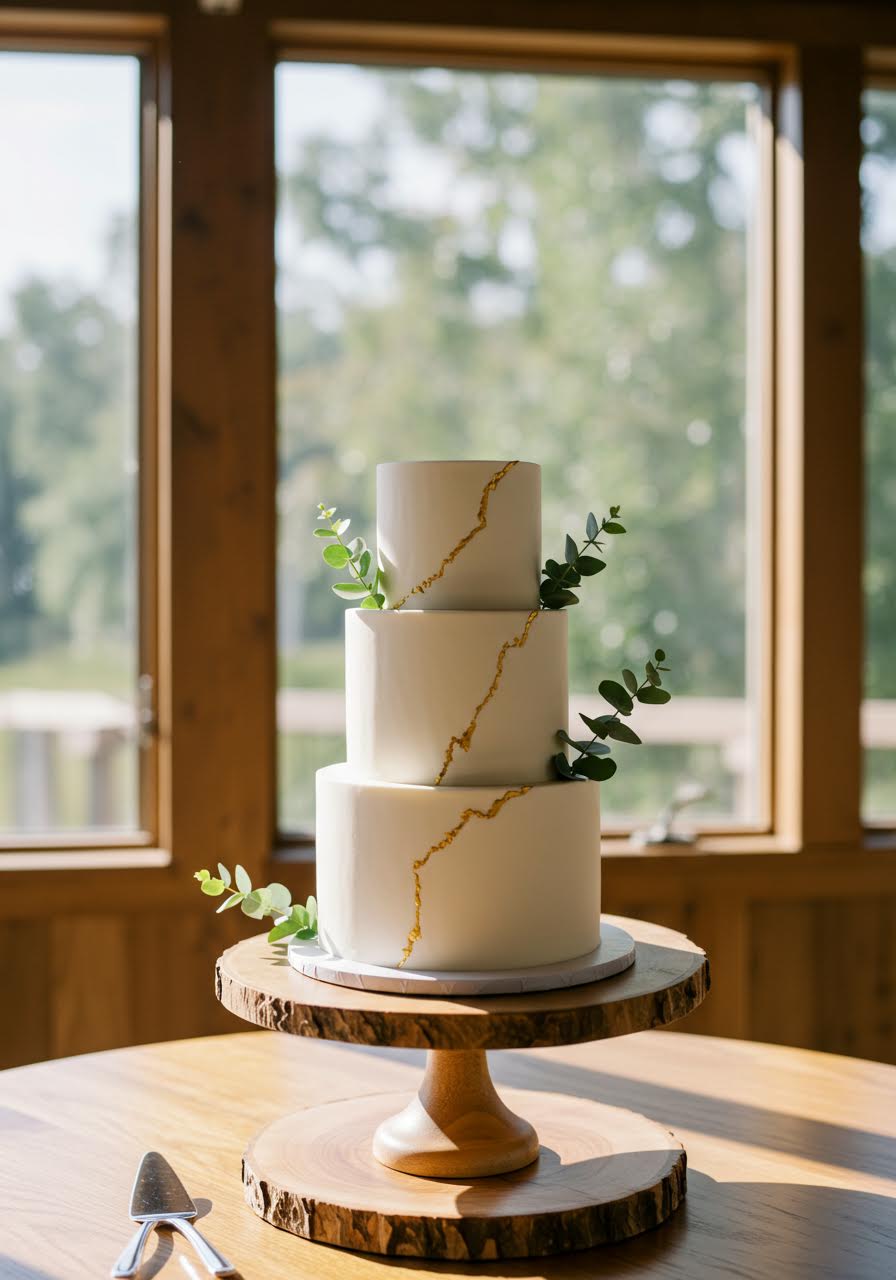 Elegant minimalist wedding cake beautifully displayed on natural wood grain platform with organic textures