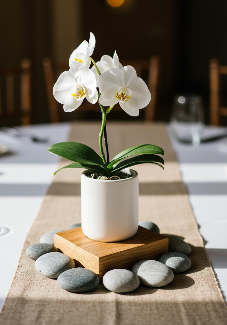 Exquisite minimalist zen wedding centrepiece featuring white orchids and smooth natural stone accents