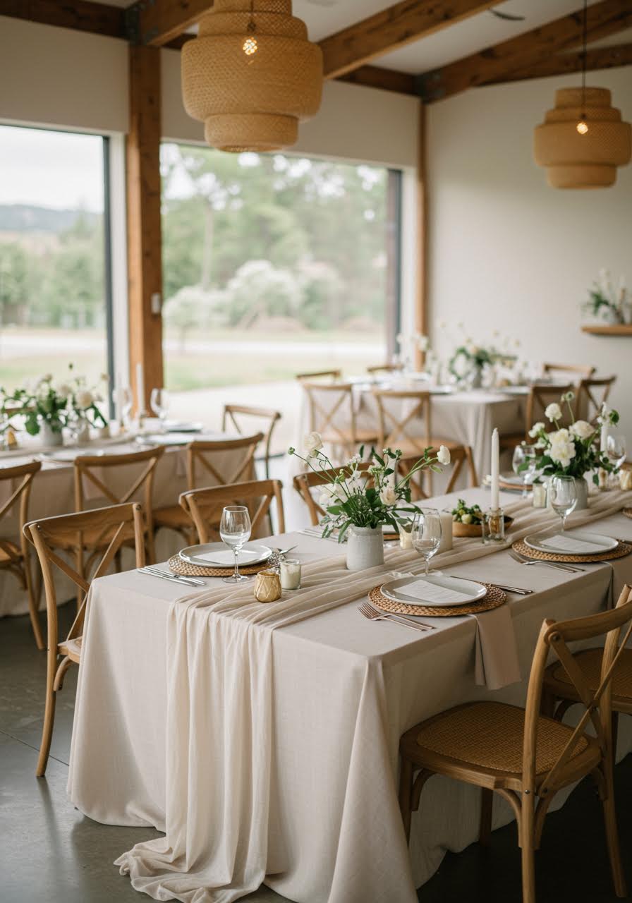 Beautifully styled zen wedding reception table featuring neutral linens and natural design elements
