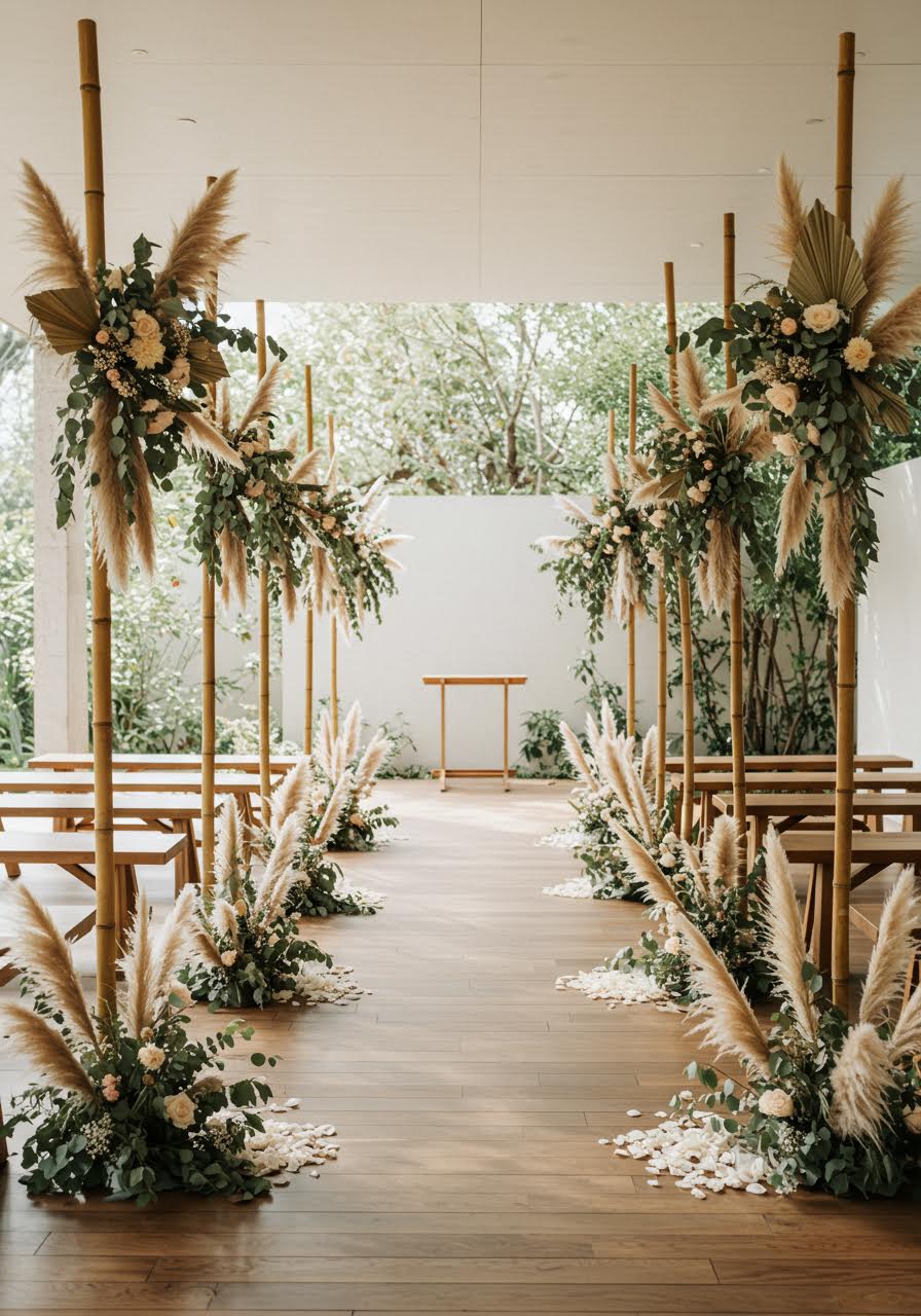 Serene wedding aisle beautifully lined with bamboo and dried pampas grass floral arrangements