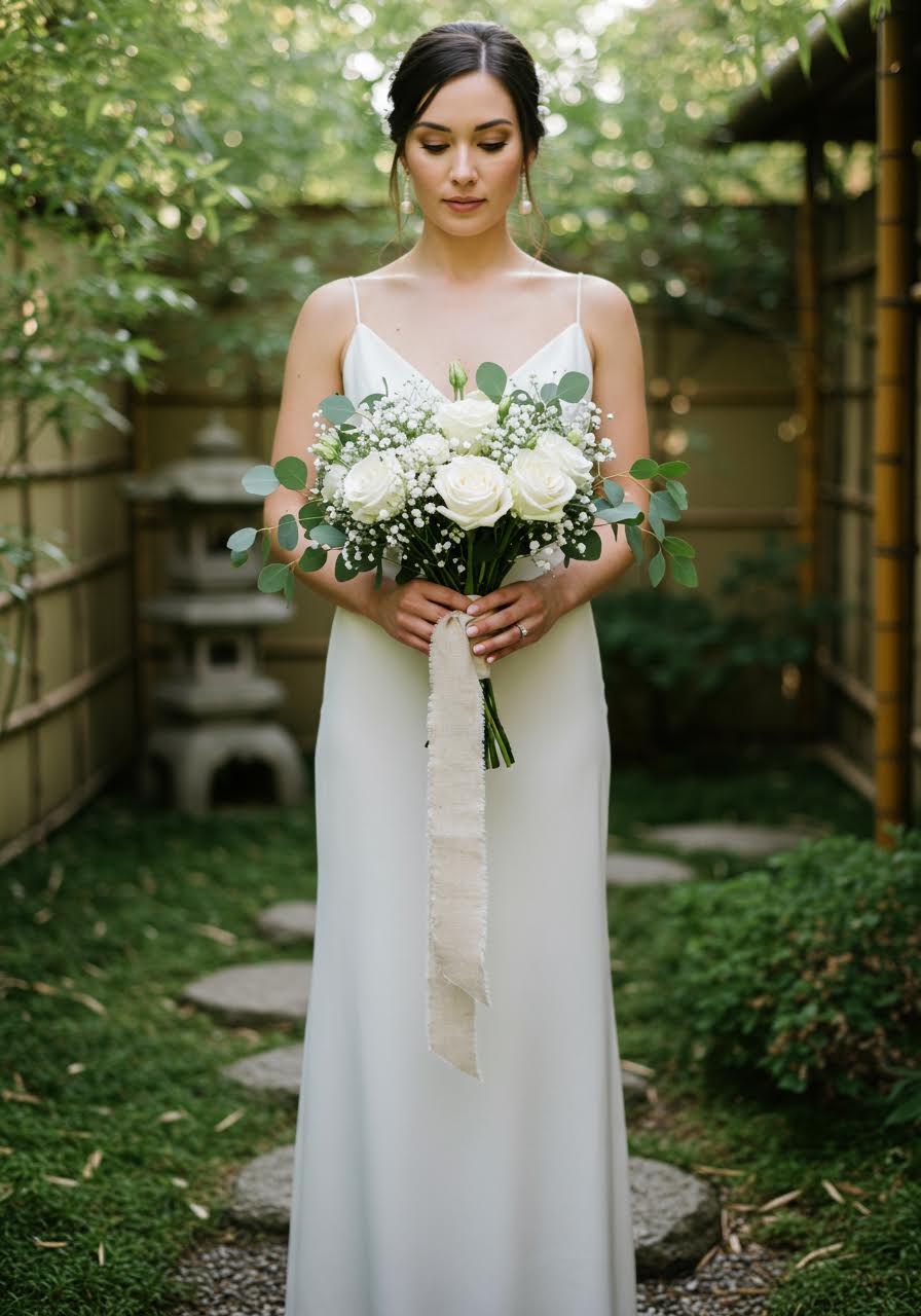 Bride holding an exquisite minimalist white floral bouquet in peaceful Japanese garden setting
