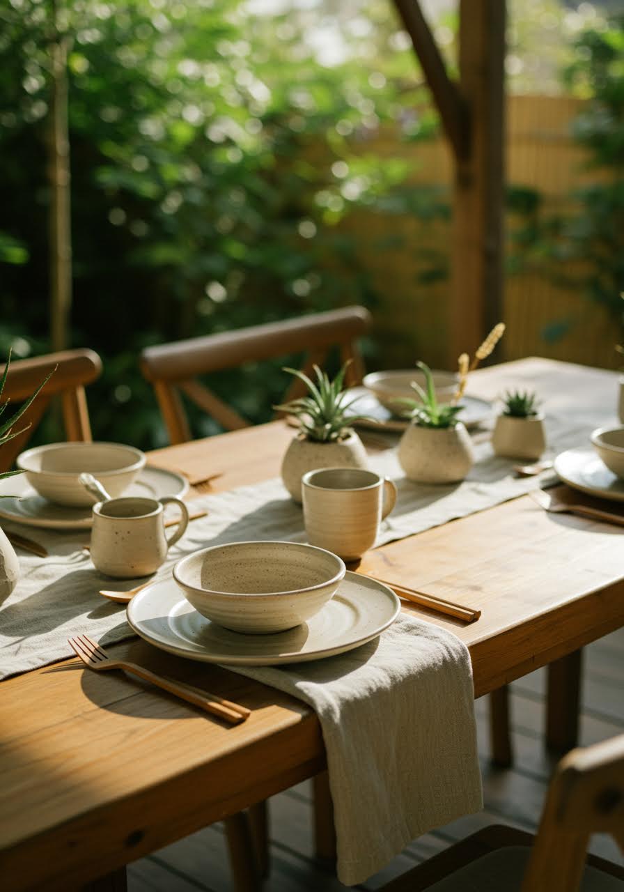 Elegant wedding table showcasing beautiful handcrafted ceramic place settings in garden pavilion