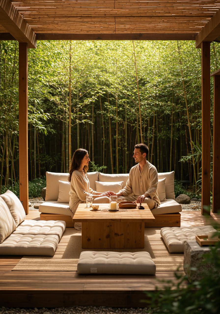 Couple relaxing together in serene zen lounge area with low wooden furniture and bamboo backdrop